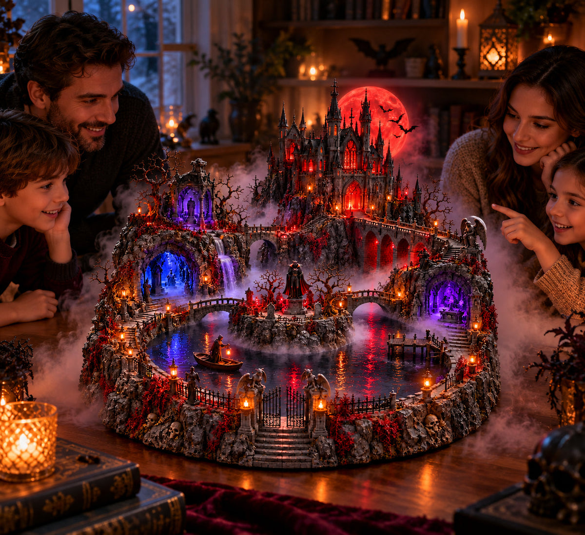 🔥 LAST DAY 49% OFF 🔥Crimson Moon Haunted Castle – Lighted Gothic Halloween Village🦇