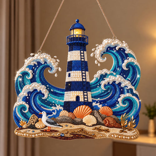 Ocean Wave Lighthouse Diamond Art Ornament Kit – Sparkling DIY Coastal Hanging Decor