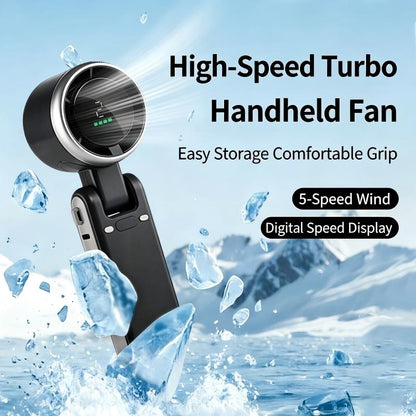 High Speed Turbo Handheld Fan with Digital Display Foldable Neck Hanging USB Rechargeable