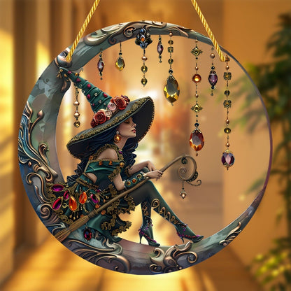 Witch artwork in a circular frame with a teal hat and colorful jewel motifs