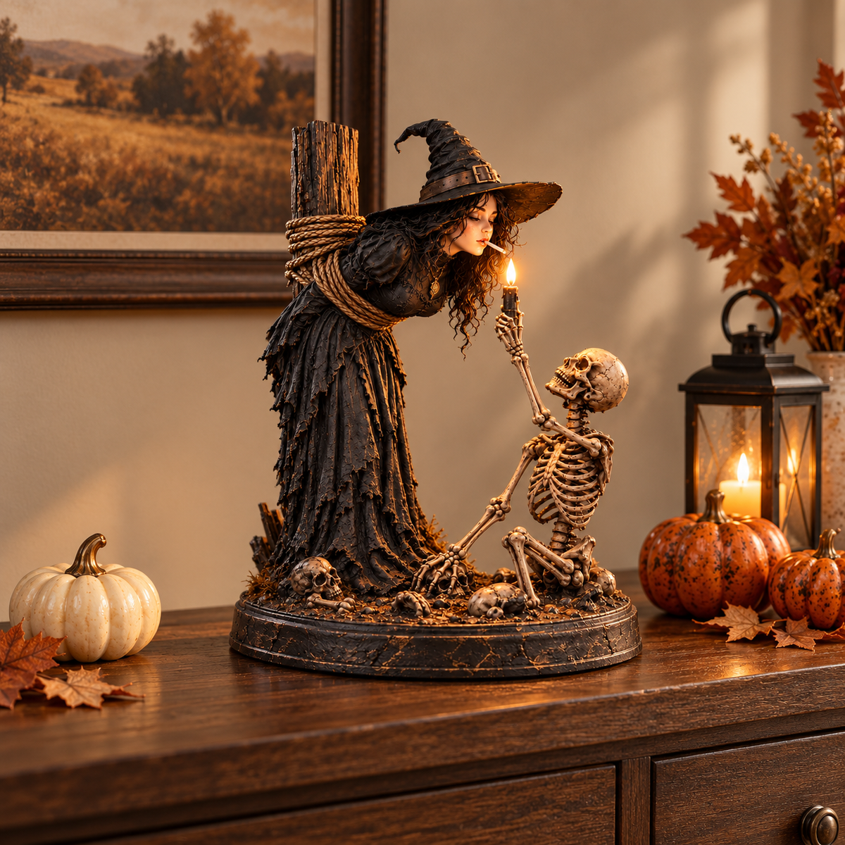 ⏳ 🖤 Light-Up Witch & Skeleton Gothic Figurine | Dark Halloween Tabletop Scene with Glowing Flame Detail 🔥