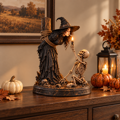 ⏳ 🖤 Light-Up Witch & Skeleton Gothic Figurine | Dark Halloween Tabletop Scene with Glowing Flame Detail 🔥
