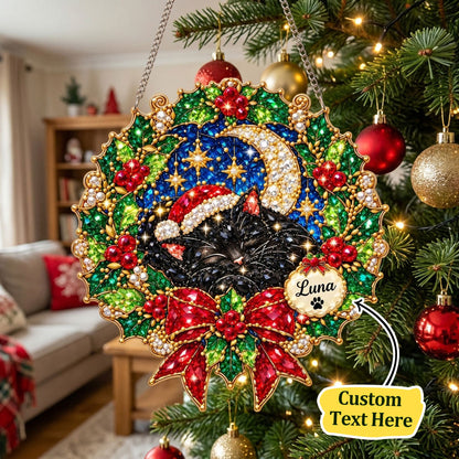 Personalized Christmas Moonlight Black Cat Diamond Art Hanging Ornament Kit