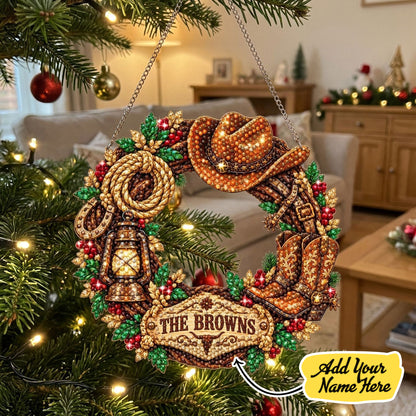 Personalized Cowboy Christmas Wreath Diamond Art Hanging Ornament Kit