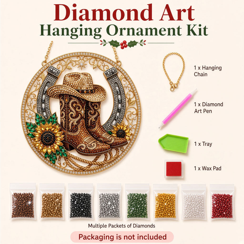 Western Cowboy Boots & Horseshoe Diamond Art Ornament Kit – Sparkling DIY Country Window Decor