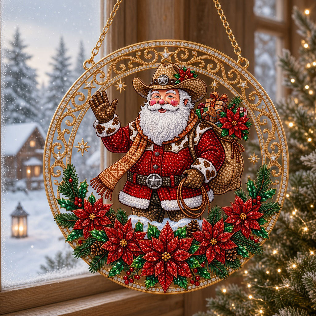 Western Cowboy Santa Christmas Wreath Diamond Art Hanging Ornament Kit