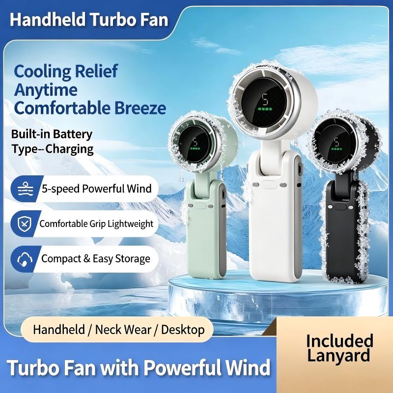 High Speed Turbo Handheld Fan with Digital Display Foldable Neck Hanging USB Rechargeable