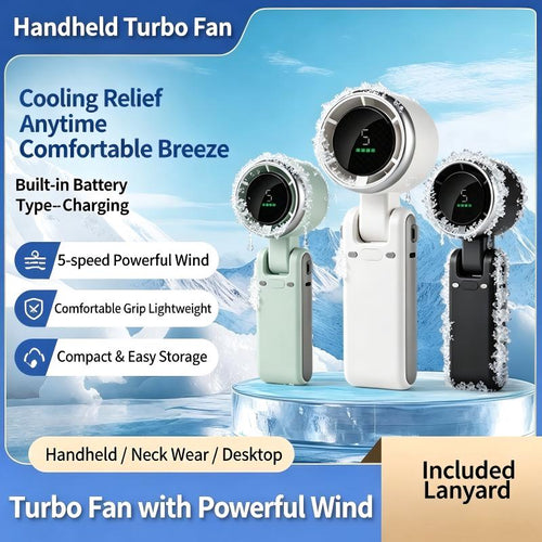 High Speed Turbo Handheld Fan with Digital Display Foldable Neck Hanging USB Rechargeable