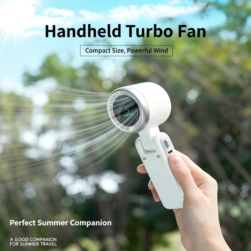 High Speed Turbo Handheld Fan with Digital Display Foldable Neck Hanging USB Rechargeable