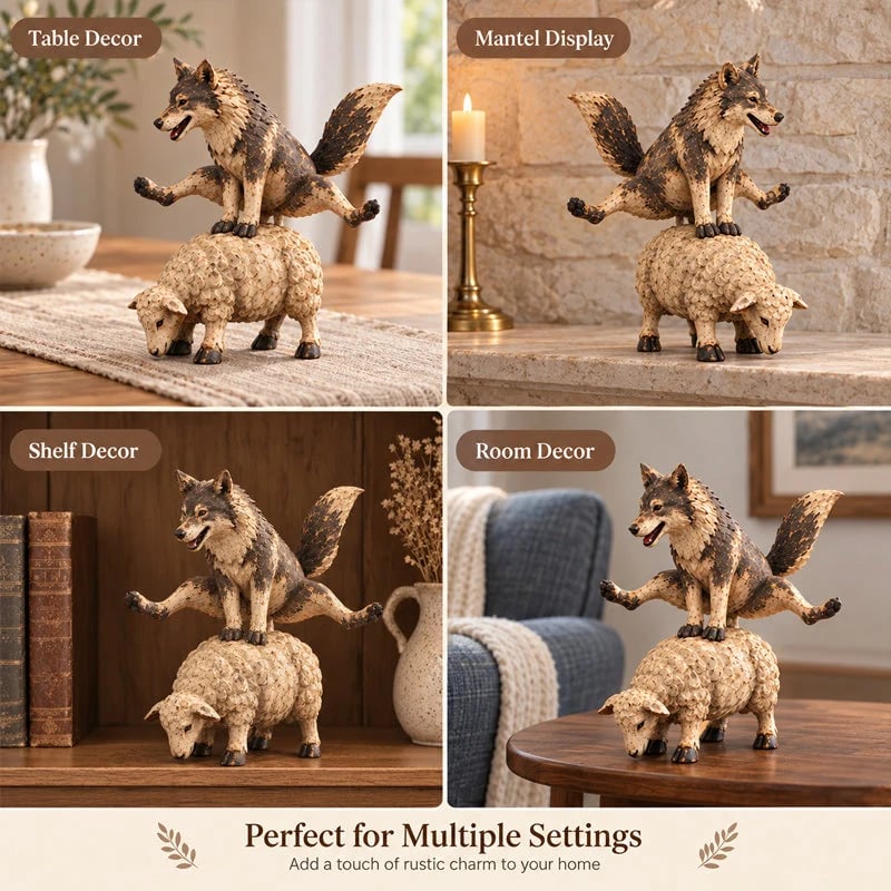 Funny Wolf Riding Sheep Figurine 🐺🐑 – Whimsical Rustic Farmhouse Animal Decor