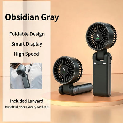 High Speed Turbo Handheld Fan with Digital Display Foldable Neck Hanging USB Rechargeable