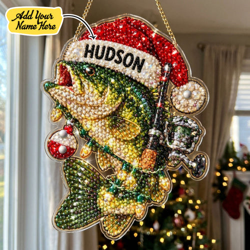 Personalized Santa Hat Bass Fish Diamond Art Hanging Ornament Kit
