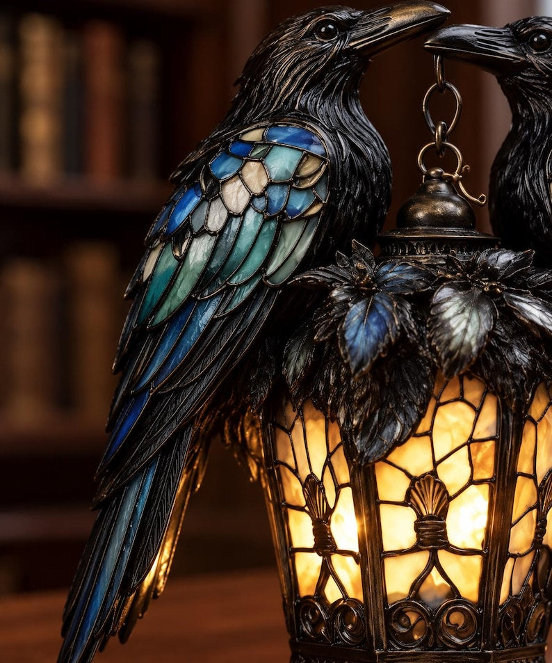 Gothic Stained-Glass Raven Lantern
