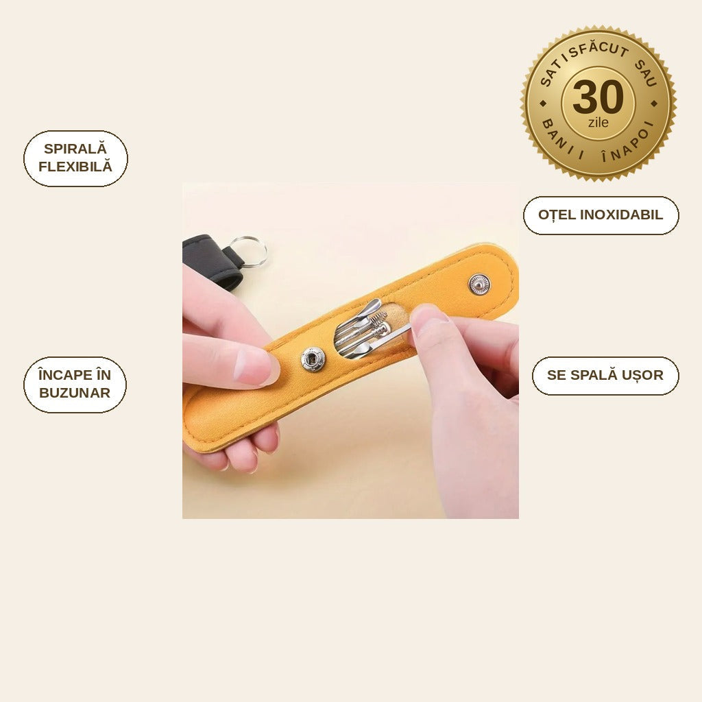 Set curățare urechi din inox – 6 instrumente, cu etui