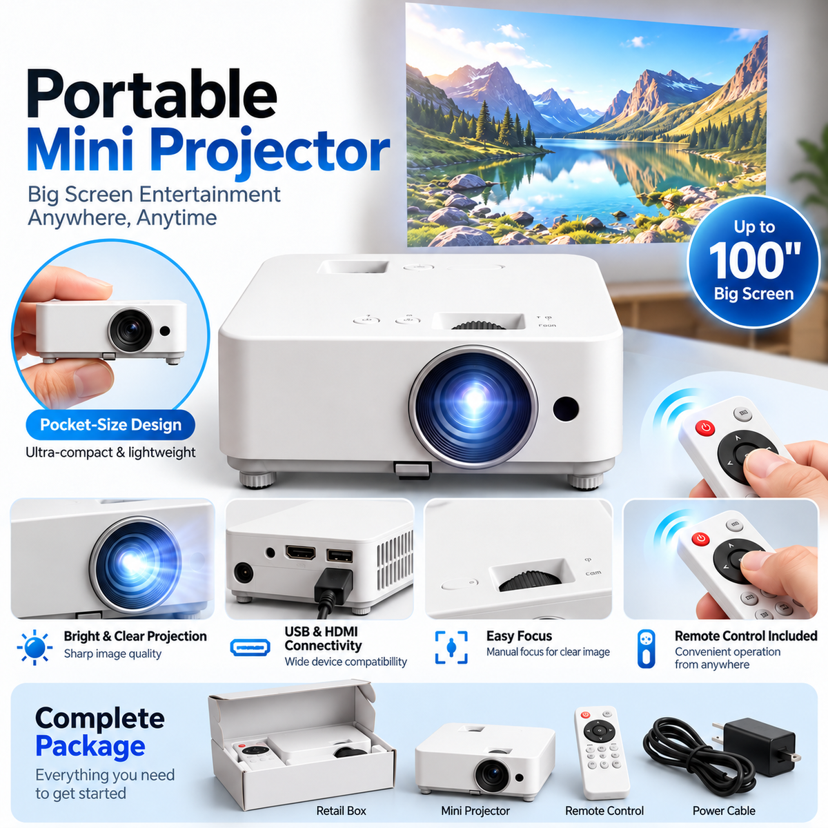 📽️ Portable Mini Projector – Up to 100″ Big-Screen Viewing with Remote Control