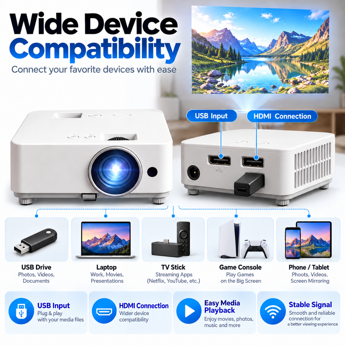 📽️ Portable Mini Projector – Up to 100″ Big-Screen Viewing with Remote Control