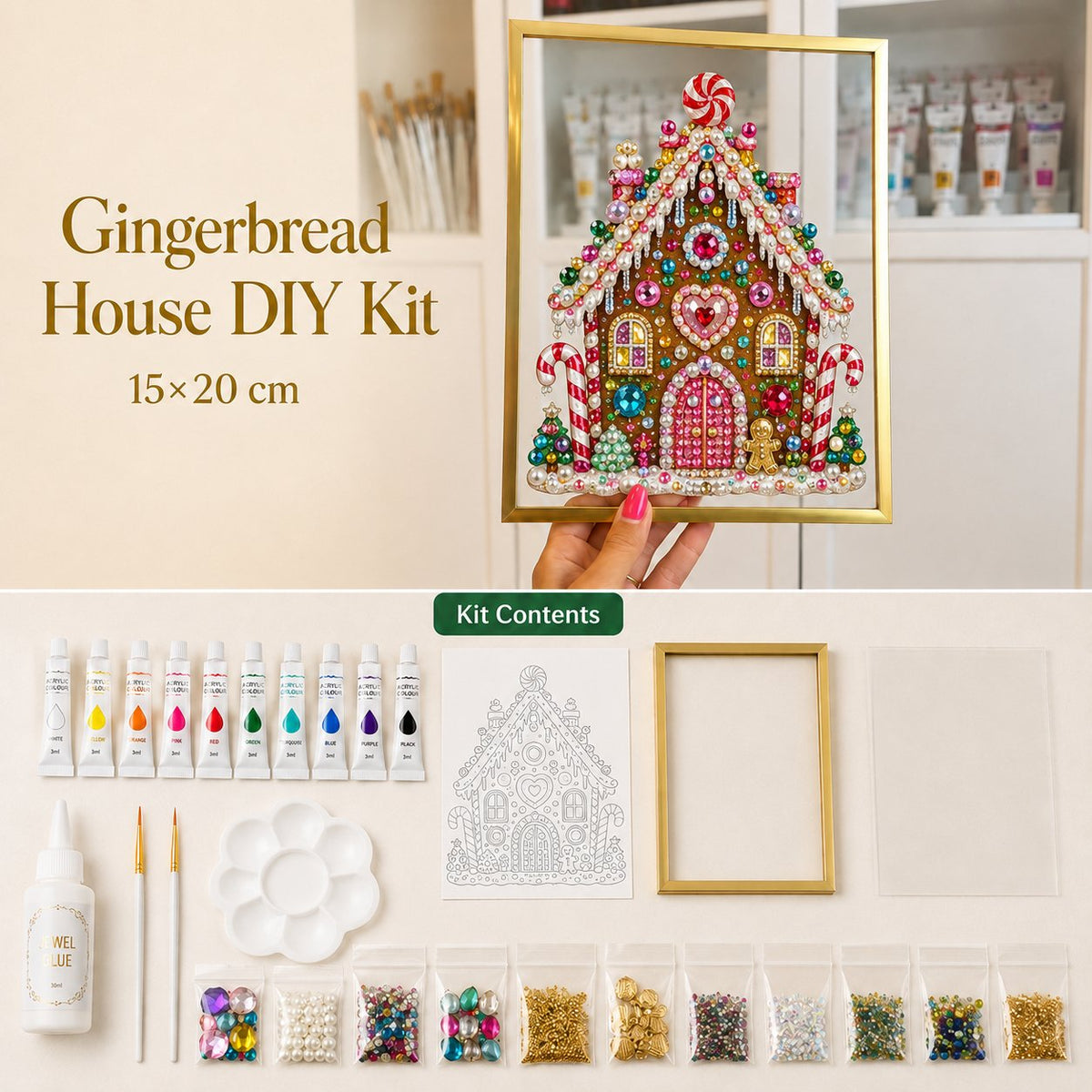 💖🔥 LAST 30pcs 🎄 DIY Jeweled Christmas Tree Art Kit | Colorful Gems, Pearls, Paints & Gold-Tone Floating Display Frame 💎✨