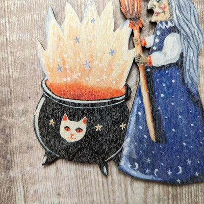 🎃Halloween Wooden witch with a cauldron hanging ornament