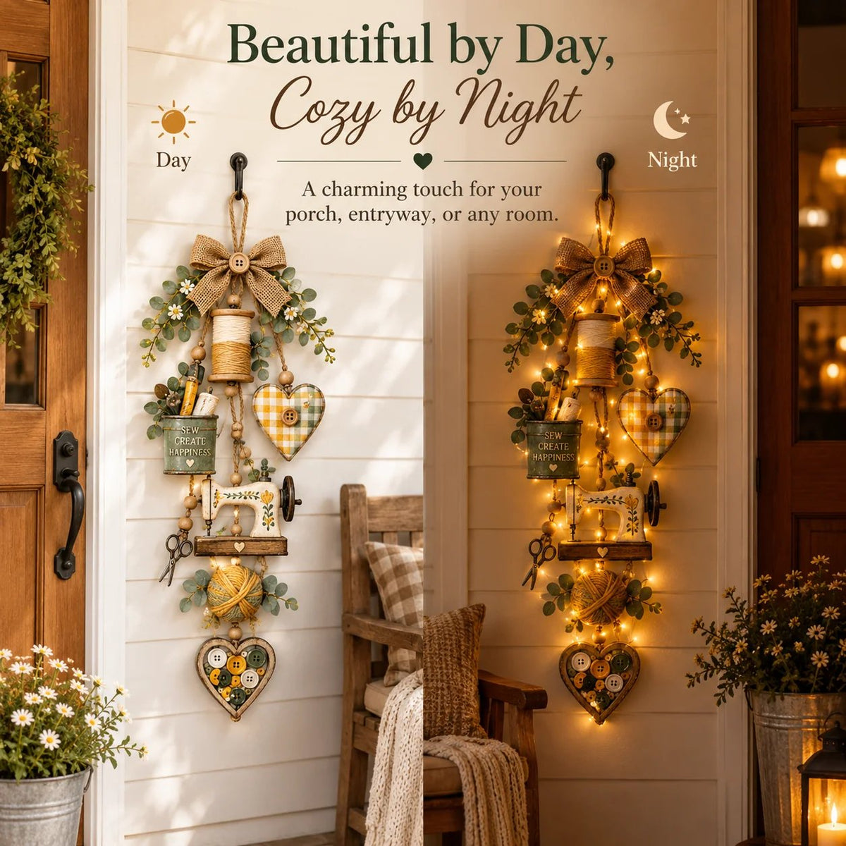 🧵✨ Rustic Wooden Sewing - Themed Hanging Ornament with Remote Control Fairy Lights