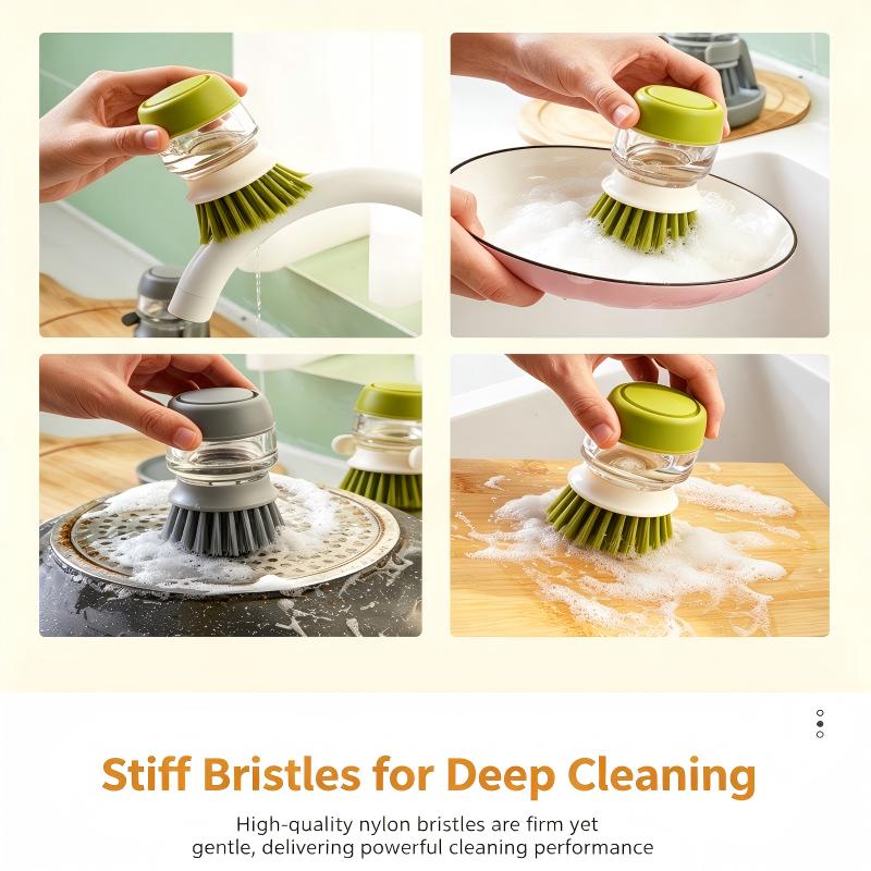 Long Handle Automatic Soap Dispensing Dish Brush with Sponge and Steel Wool Dual Sided for Kitchen