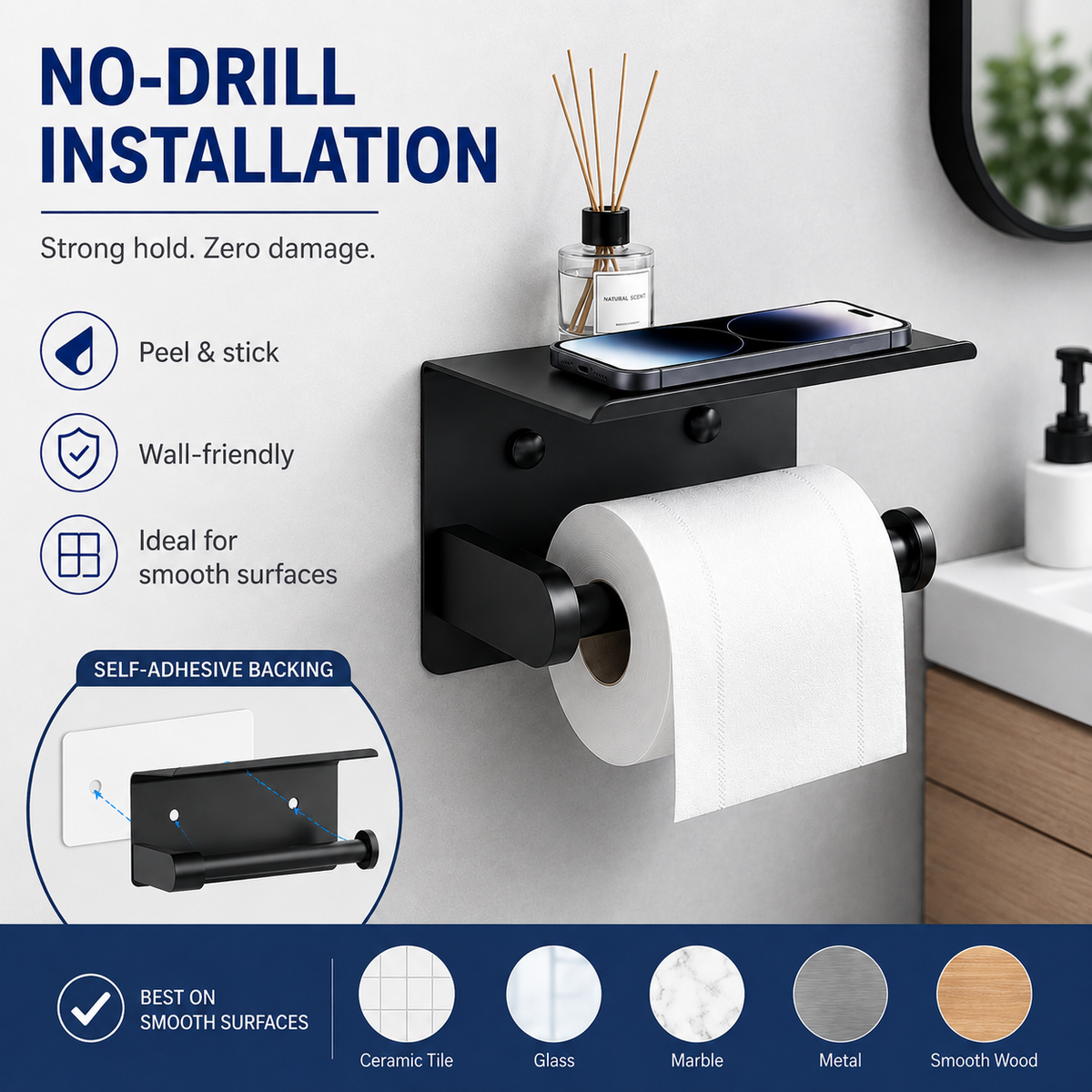 Toilet Paper Holder with Shelf – SUS304 Stainless Steel, Fits Mega Rolls, No-Drill Option