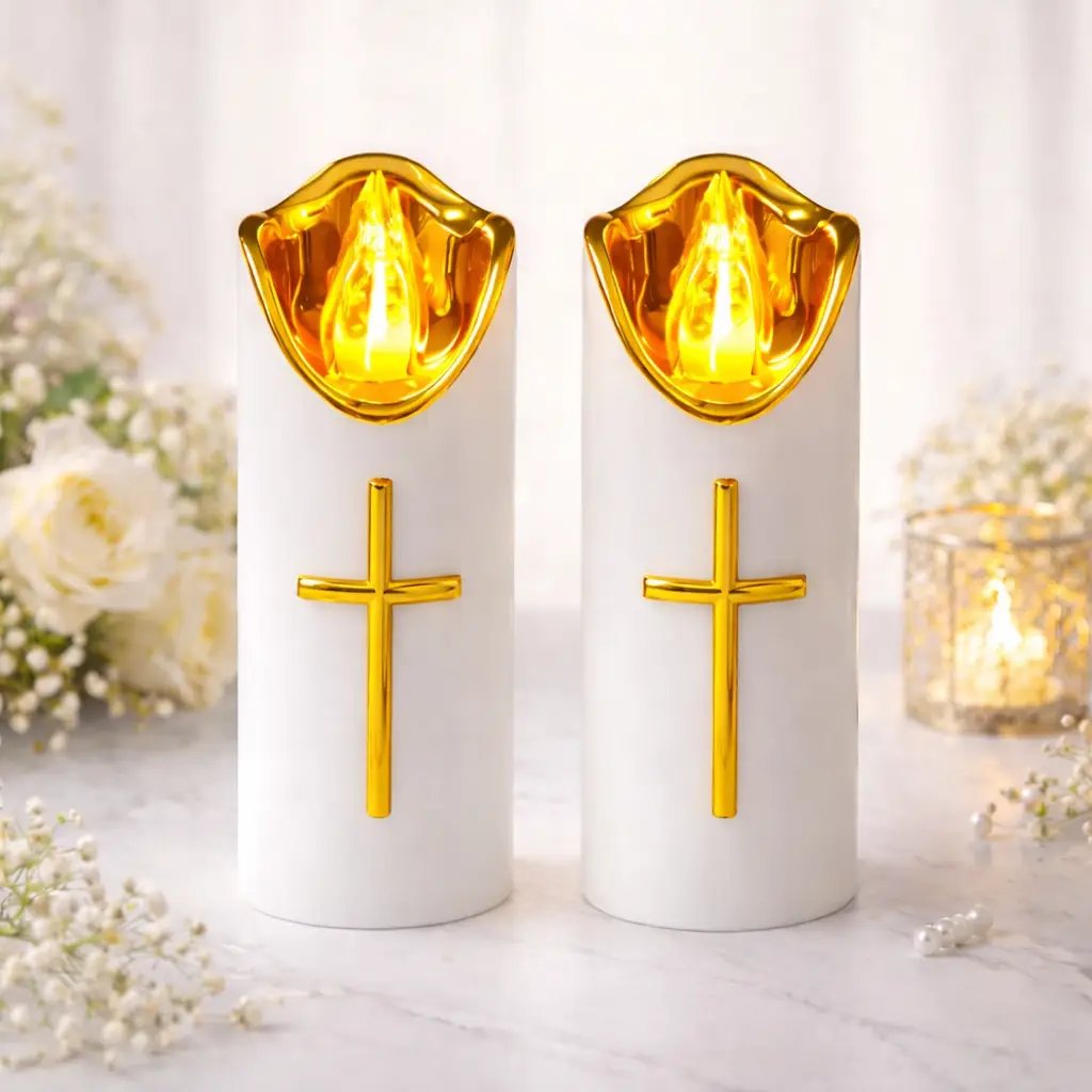 🕯️Flameless Pillar LED Candle with Gold Cross✝️Set of 2