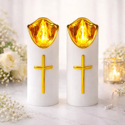🕯️Flameless Pillar LED Candle with Gold Cross✝️Set of 2