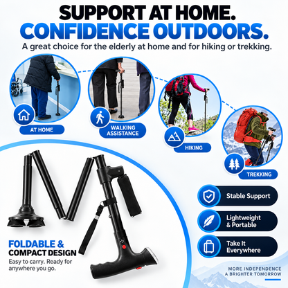 🦯LIMITED-TIME 50% OFF! 💡 Multifunction Folding Walking Cane – Built-In Light, Emergency Alarm, Quad Base & 5-Level Height Adjustment✨