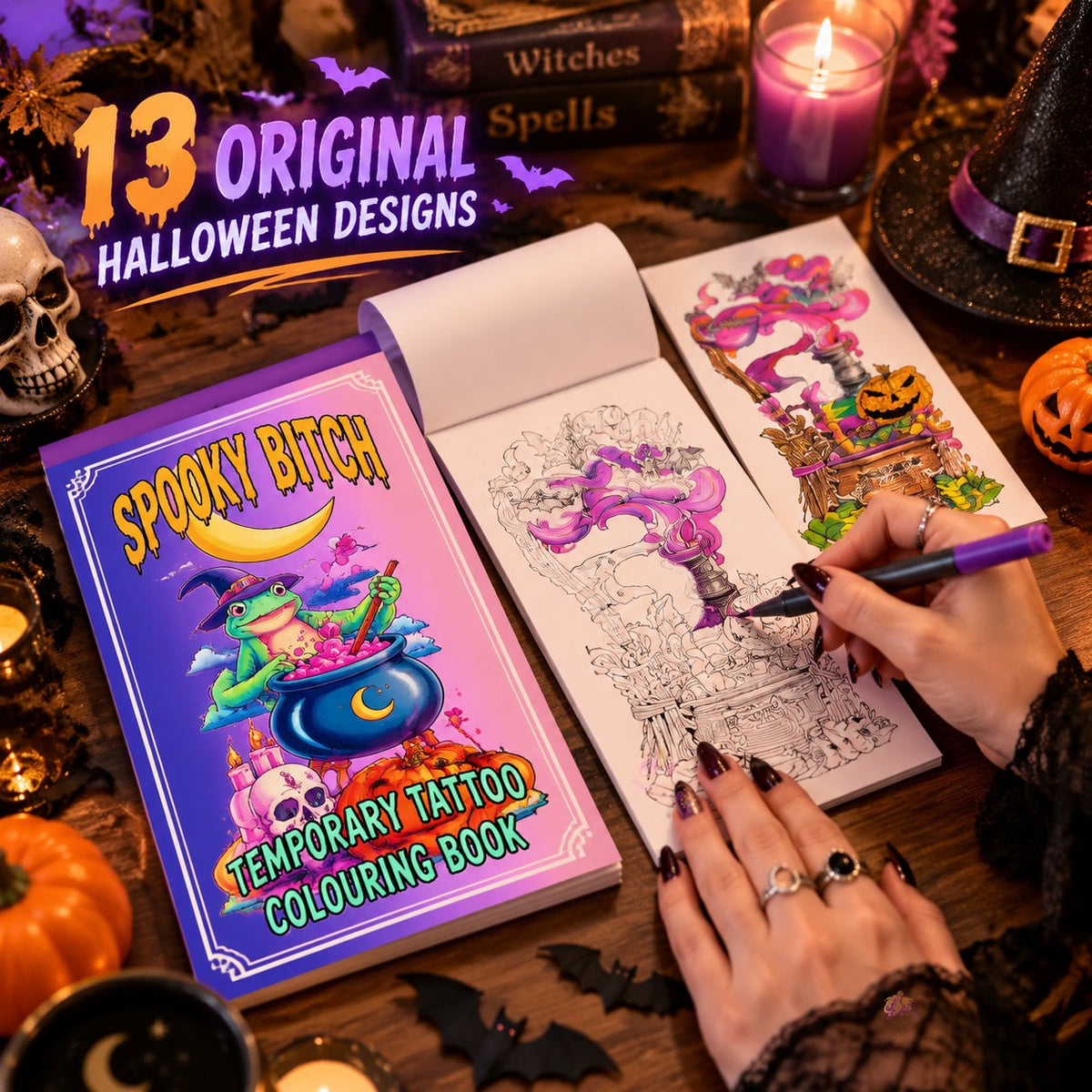 🐸🎃Spooky Bitch Halloween Temporary Tattoo Colouring Book