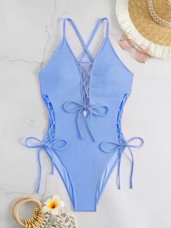 Women Sexy Lace Up One Piece Swimsuit