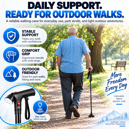 🦯LIMITED-TIME 50% OFF! 💡 Multifunction Folding Walking Cane – Built-In Light, Emergency Alarm, Quad Base & 5-Level Height Adjustment✨