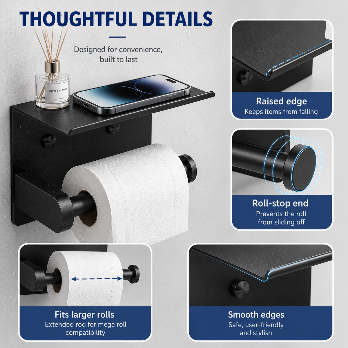 Toilet Paper Holder with Shelf – SUS304 Stainless Steel, Fits Mega Rolls, No-Drill Option