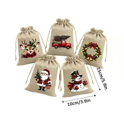 Rustic Christmas Burlap Drawstring Gift Bags