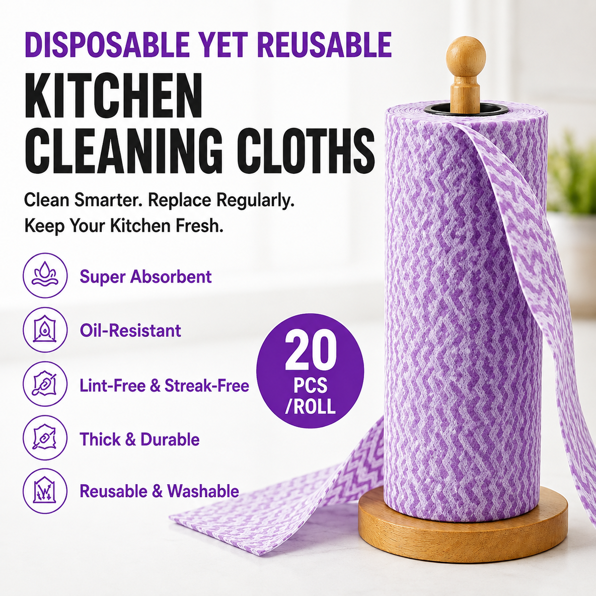 Reusable Kitchen Cleaning Cloths – 20-Piece Tear-Off Roll