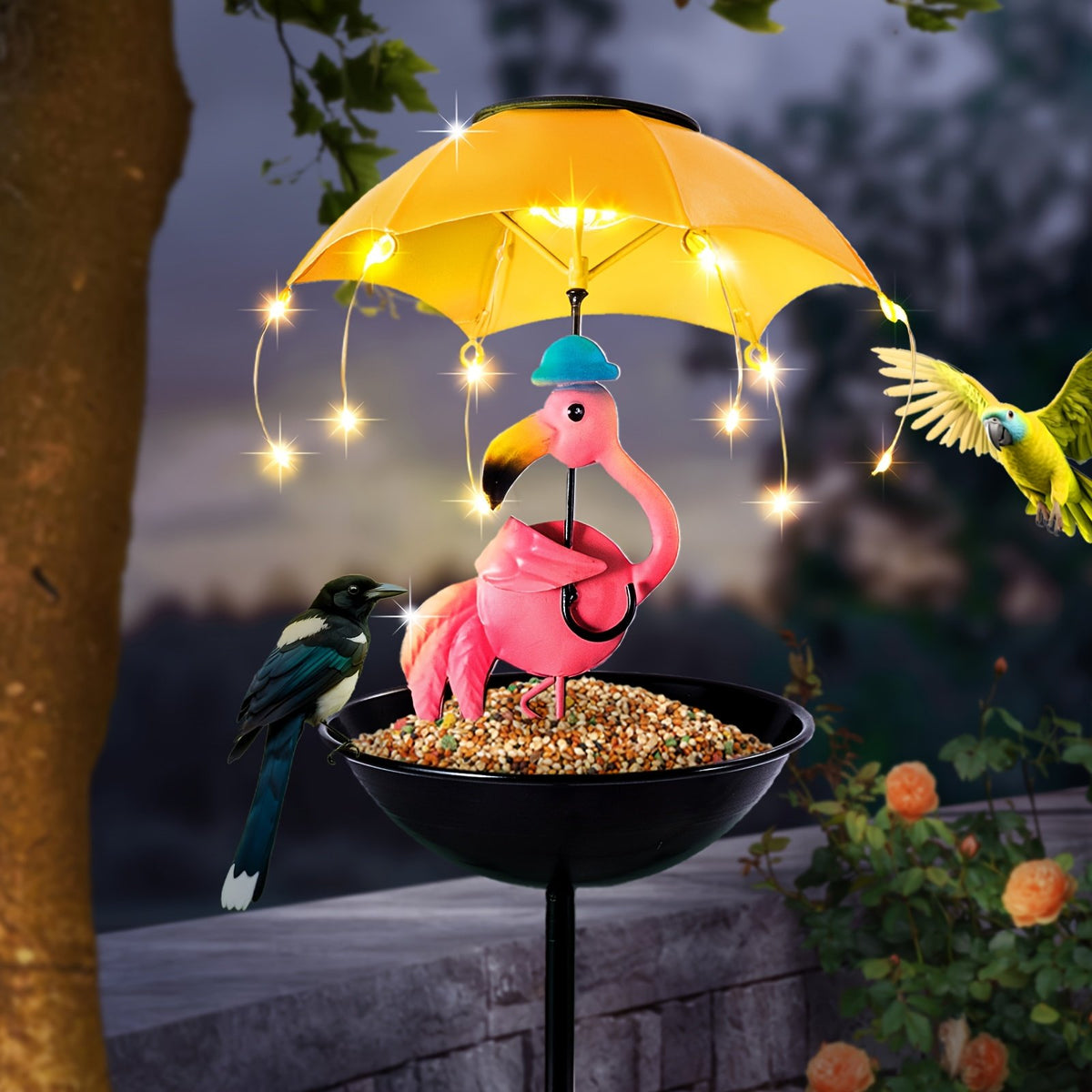 🔥Last Day 49% OFF - 🐦Solar-Powered LED Animal Umbrella Light with Bird Feeder（Frog/Bee/Flamingo）