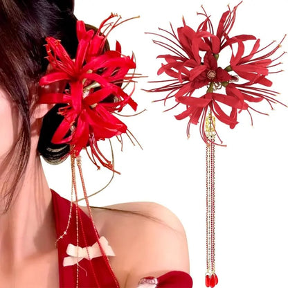 🔥Last Day 49% OFF - 🌹🔥Gothic Red Spider Lily Flower Hair Clips with Tassel