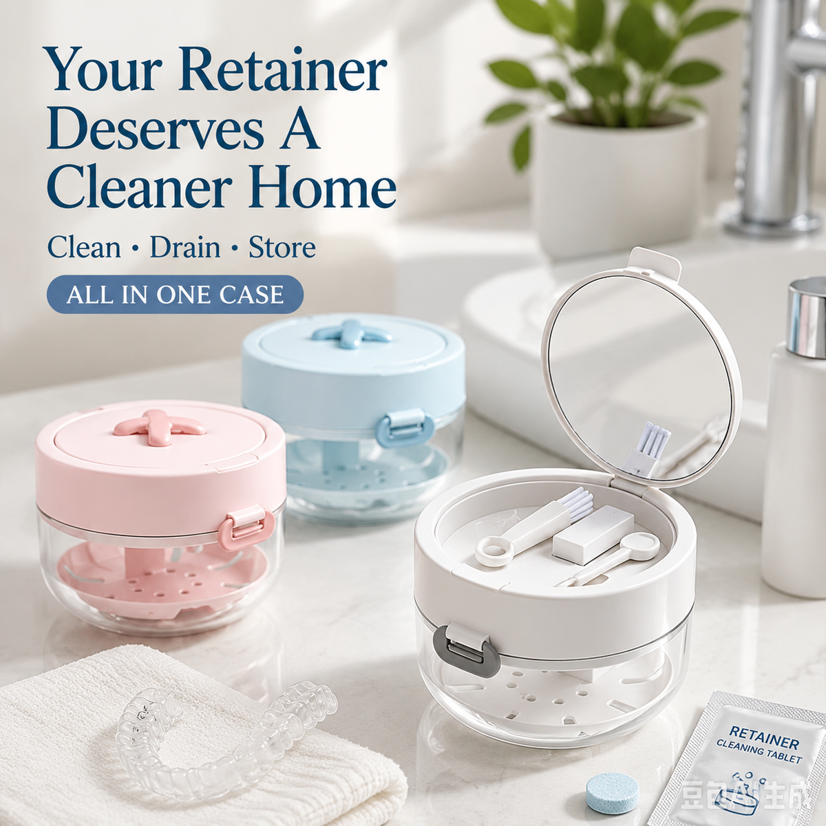 ✨ Portable 3-in-1 Retainer Cleaner Case | Clean, Drain, Dry & Store Aligners, Mouth Guards and Dentures in One Compact Organizer
