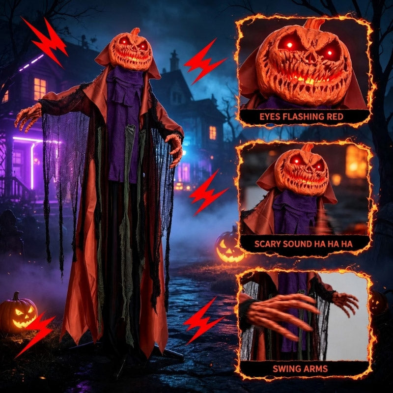 6.6FT Halloween Pumpkin Ghost with Red Glowing Eyes, Plays Sounds & Swings
