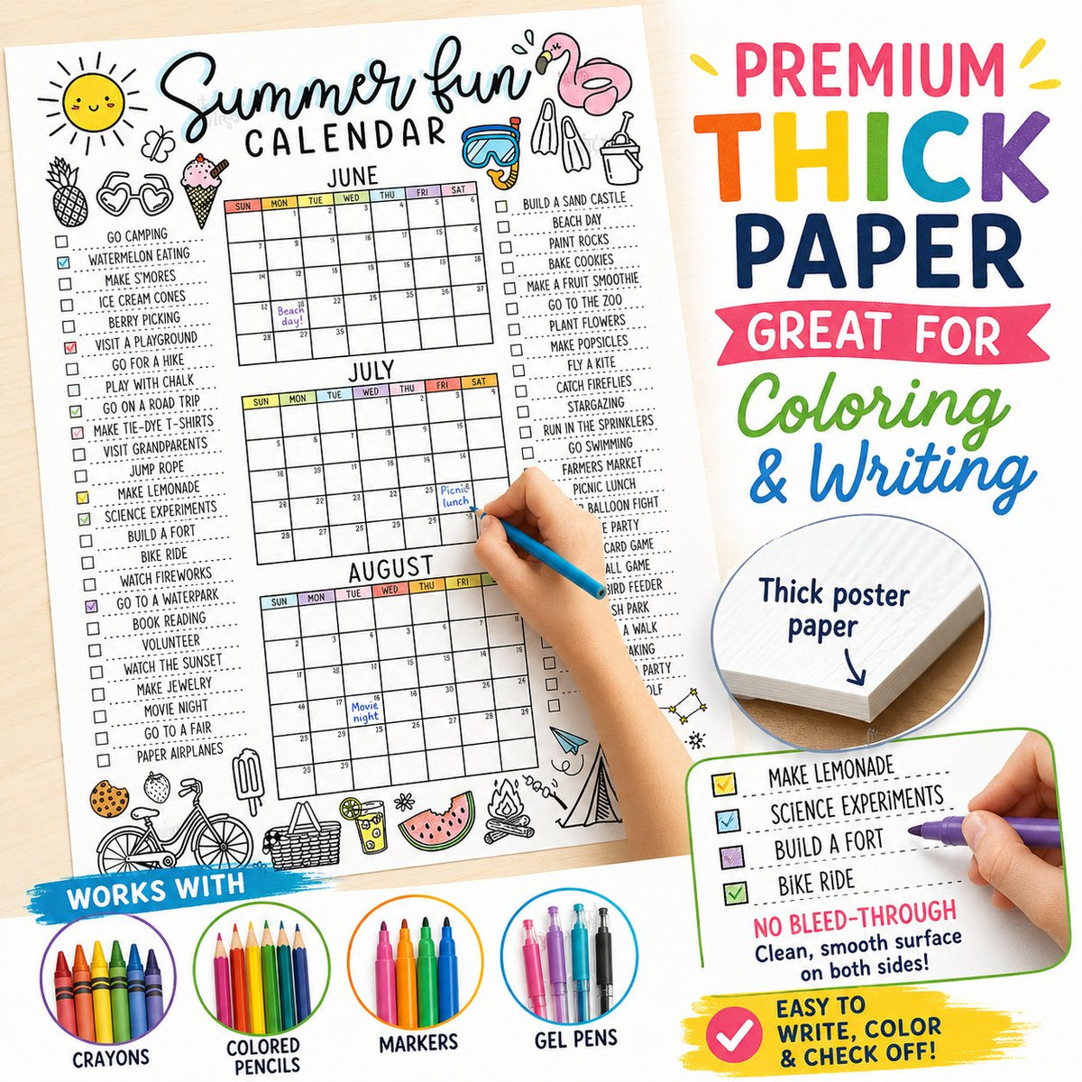 🌞 Summer Fun Bucket List Calendar Poster | Kids Summer Activity Tracker