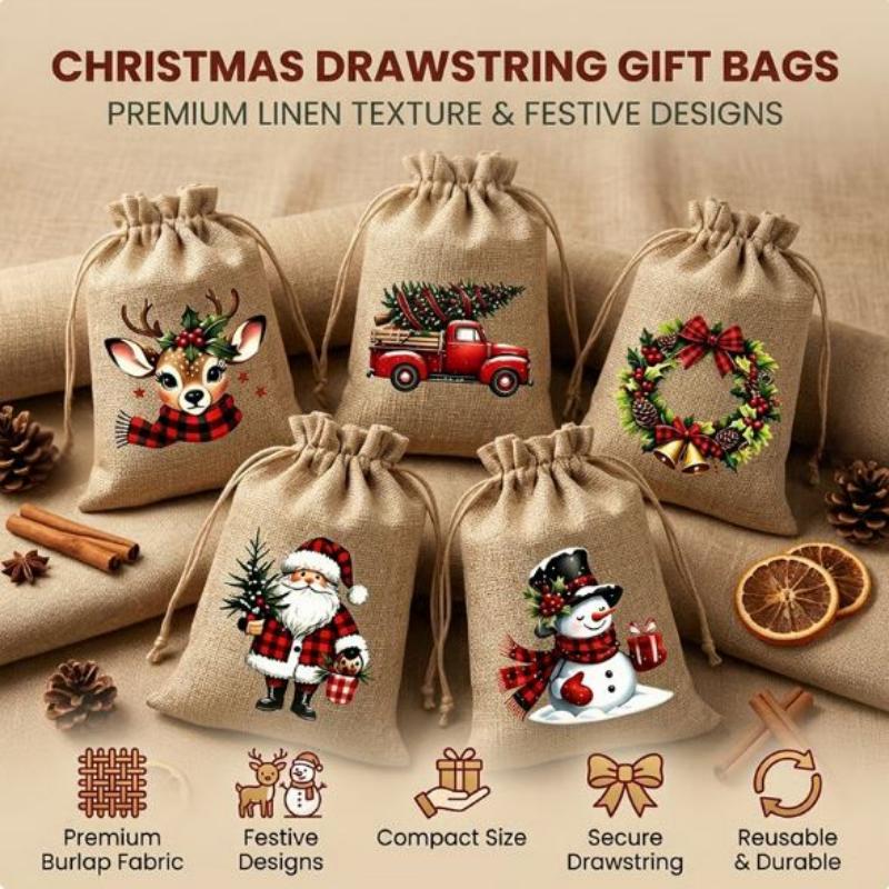 Rustic Christmas Burlap Drawstring Gift Bags