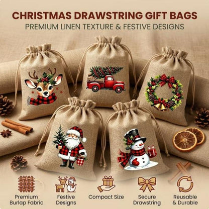 Rustic Christmas Burlap Drawstring Gift Bags