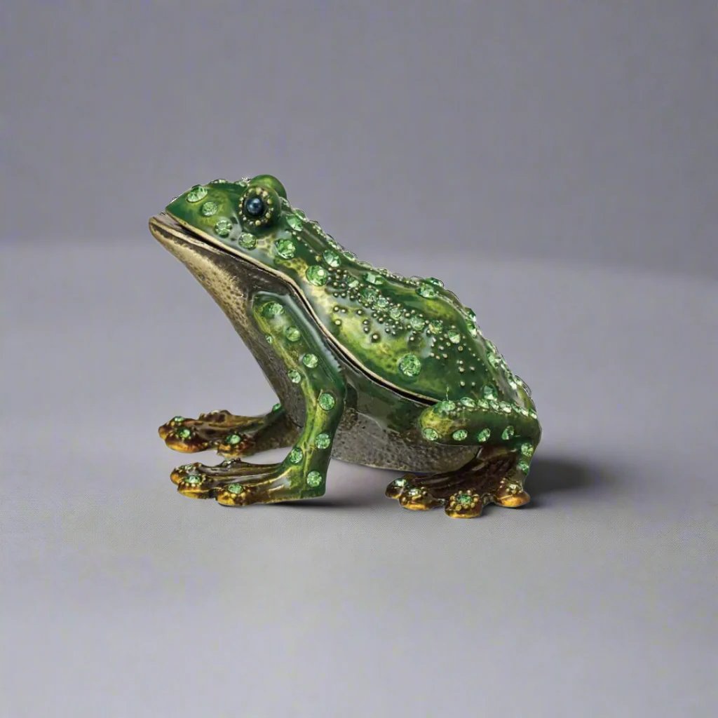 🐸💎Enameled Metal Frog Shaped Trinket Box with Jewels - Gold & Green Finish