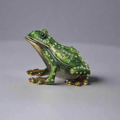 🐸💎Enameled Metal Frog Shaped Trinket Box with Jewels - Gold & Green Finish