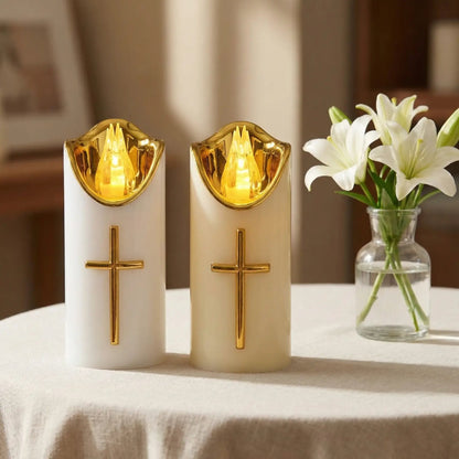 🕯️Flameless Pillar LED Candle with Gold Cross✝️Set of 2