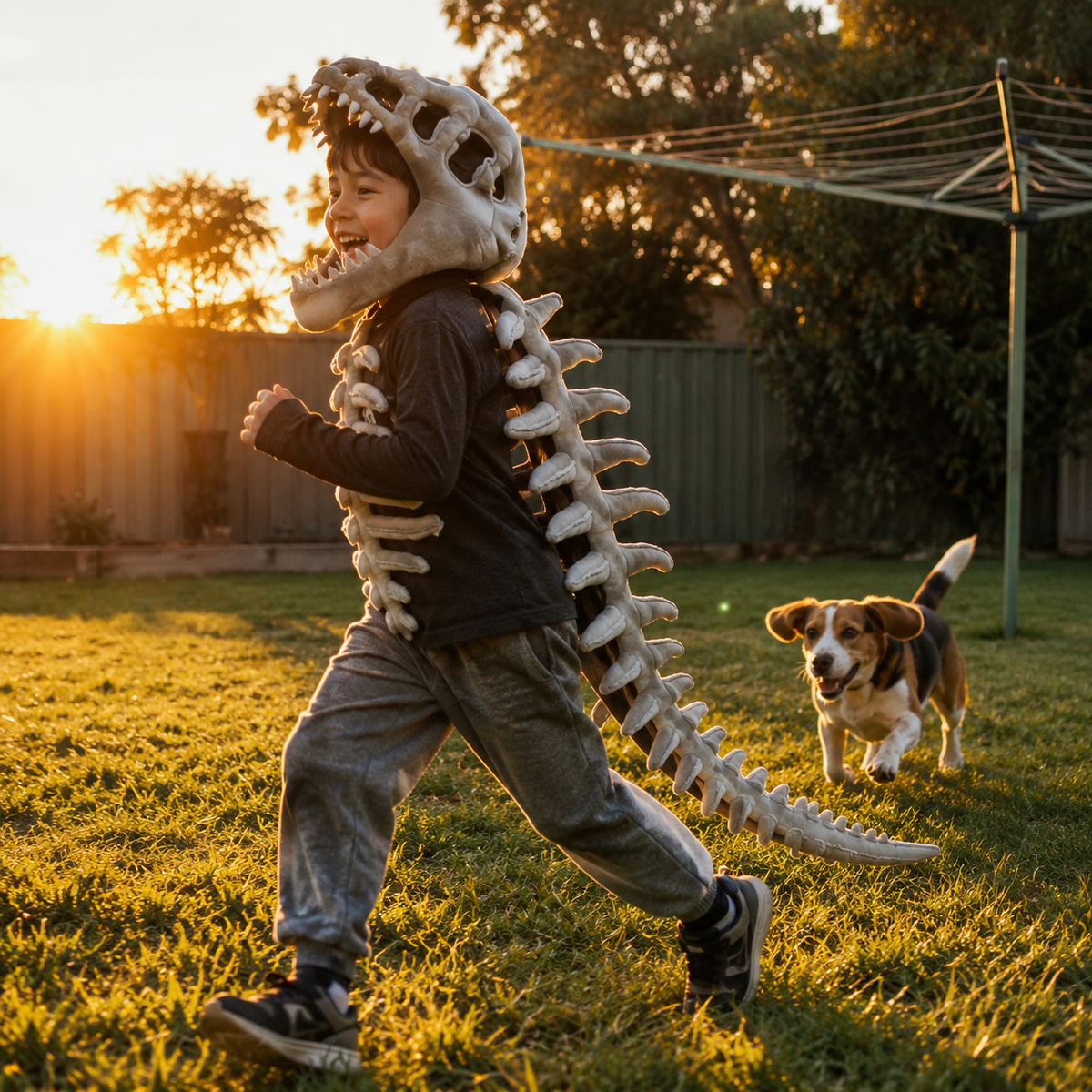 Dinosaur Skeleton Costume — Movable Jaw & Plush Tail (Ages 3-10)