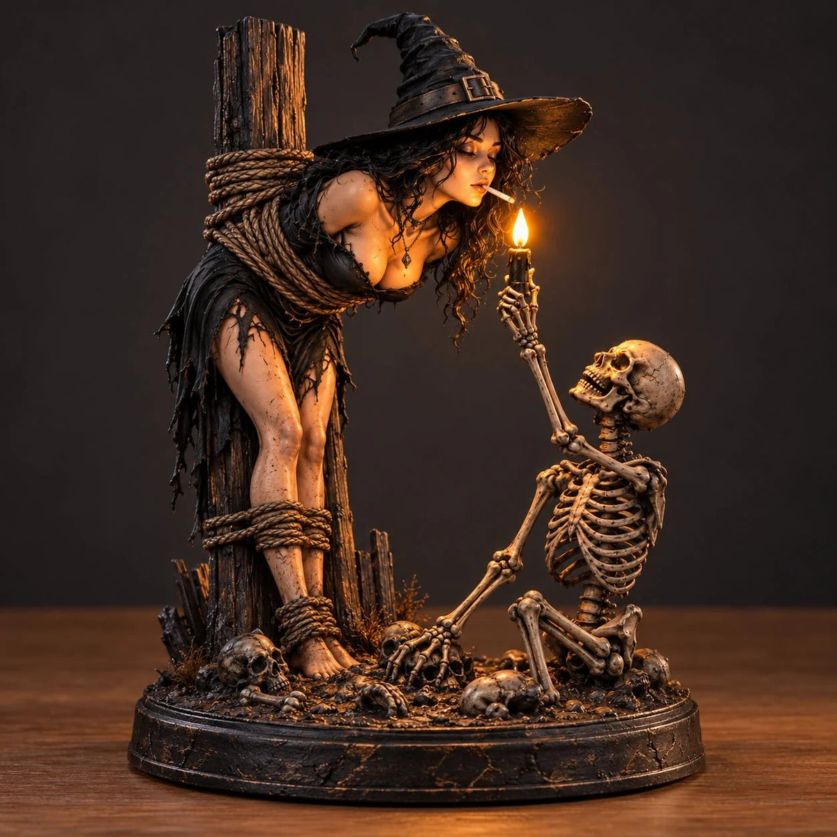 🧙 🔥Witch & Skeleton Candle Scene Figurine – Dark Gothic Halloween Tabletop Decor