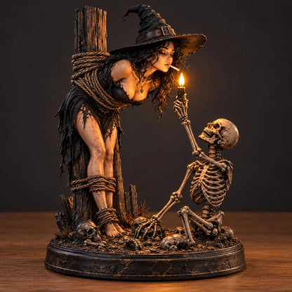🧙 🔥Witch & Skeleton Candle Scene Figurine – Dark Gothic Halloween Tabletop Decor