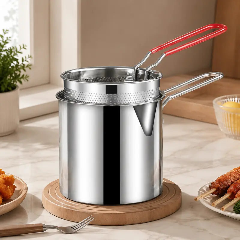 🔥Last Day 50% OFF - 🍟🏅🍟Personal Mini Deep Fryer Set – Stainless Steel Pot with Lift-Out Draining Basket & Food Tongs
