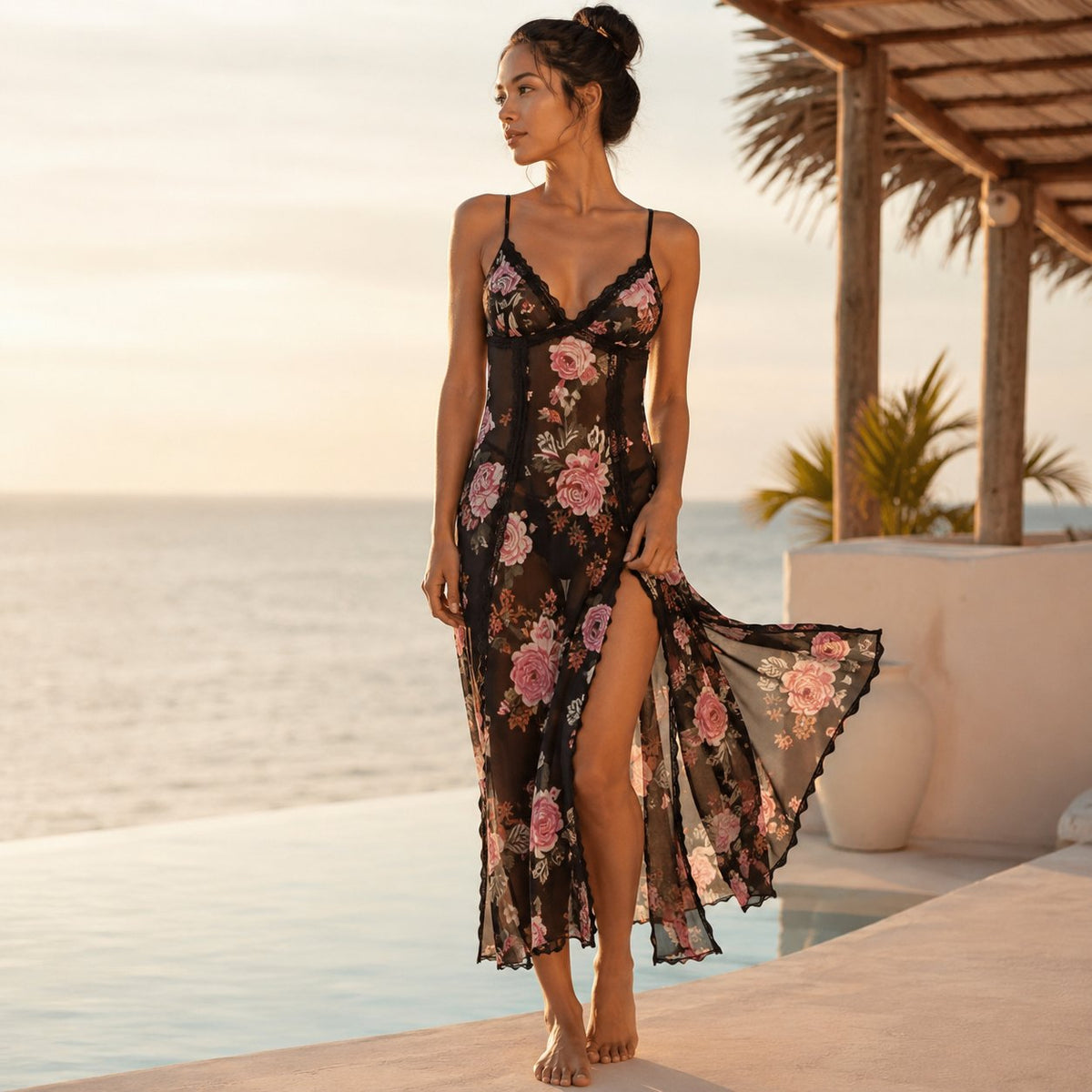 🔥Last Day 49% OFF - Sheer Floral Rose Print Maxi Dress 🎁