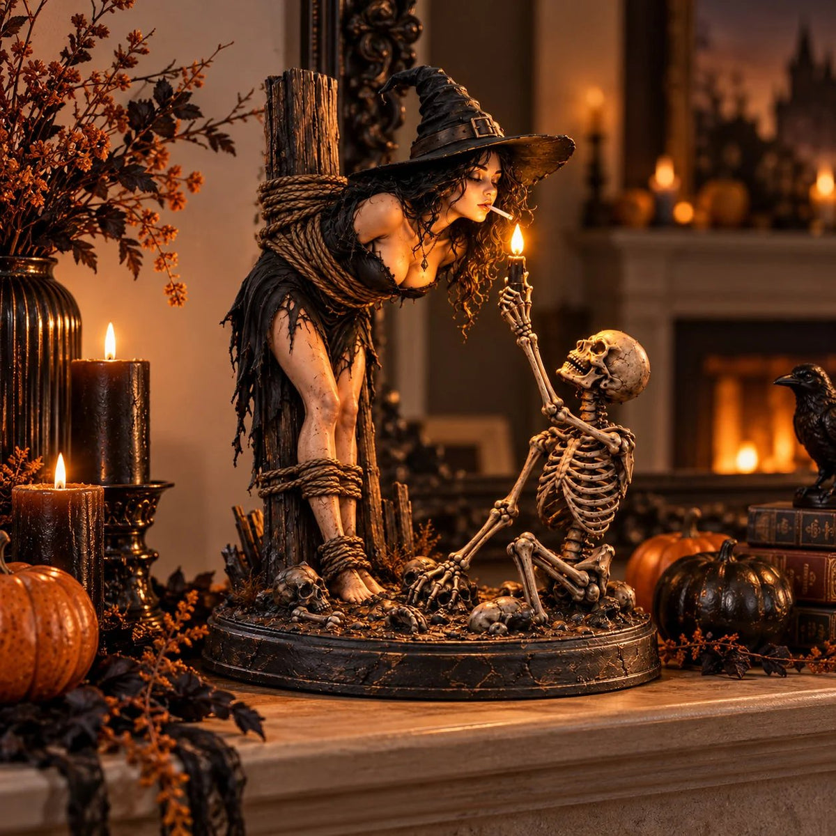 🧙 🔥Witch & Skeleton Candle Scene Figurine – Dark Gothic Halloween Tabletop Decor
